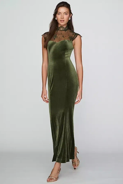 Bhldn Lace High-neck Velvet Maxi Dress In Green