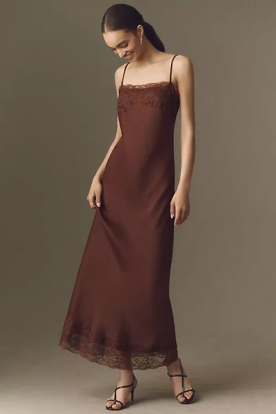 Bhldn Lace Satin Slip Maxi Dress In Brown