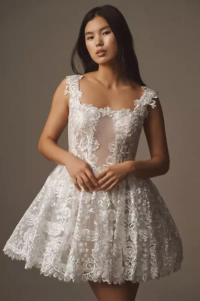 Bhldn Lace Square-neck A-line Hoop-skirt Mini Dress In White