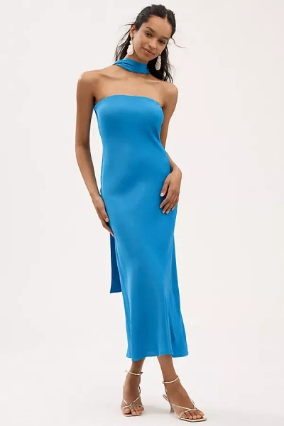 Bhldn Leah Strapless Satin Scarf Midi Slip Dress In Blue