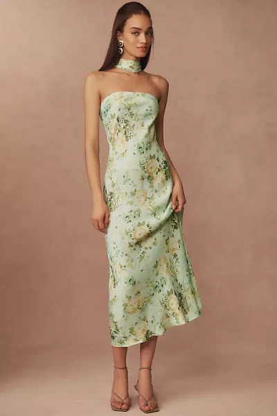 Bhldn Leah Strapless Satin Scarf Midi Slip Dress In Green