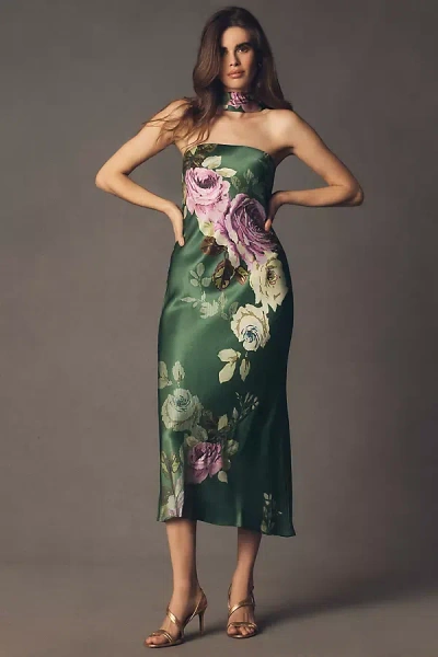 Bhldn Leah Strapless Satin Scarf Slip Midi Dress In Green