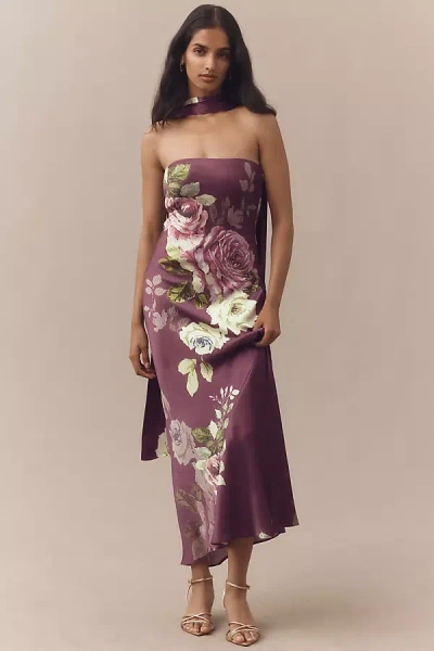 Bhldn Leah Strapless Satin Scarf Slip Midi Dress In Purple