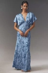 Bhldn Leila Deep-v Flutter-sleeve Satin A-line Gown In Blue