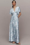 Bhldn Leila Deep-v Flutter-sleeve Satin A-line Gown In Blue