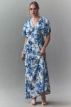 Bhldn Leila Deep-v Flutter-sleeve Satin A-line Gown In Blue
