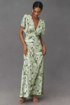 Bhldn Leila Deep-v Flutter-sleeve Satin A-line Gown In Green