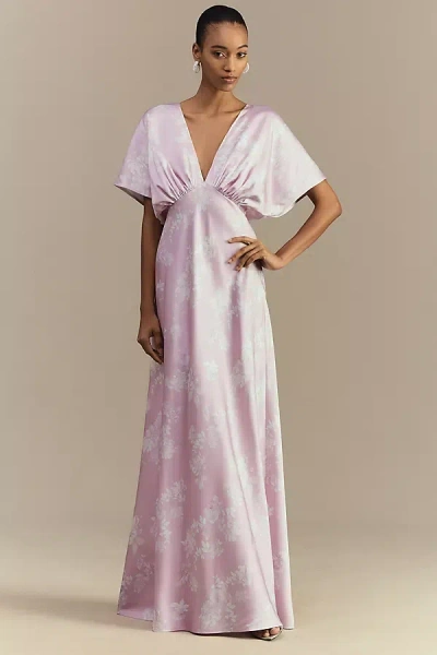 Bhldn Leila Deep-v Flutter-sleeve Satin A-line Gown In Purple