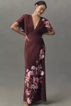 Bhldn Leila Deep-v Flutter-sleeve Satin A-line Gown In Purple