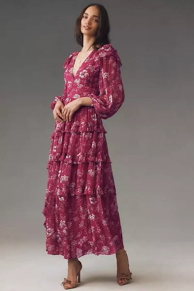 Bhldn Liana Printed V-neck Long-sleeve Maxi Dress In Pink