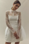 Bhldn Long-sleeve High-neck Lace Fit & Flare Mini Dress In White