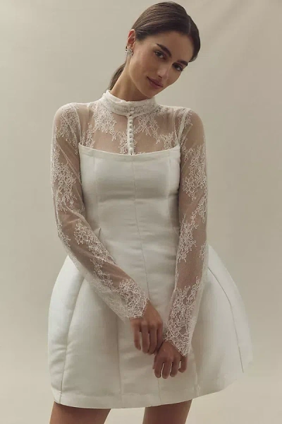 Bhldn Long-sleeve High-neck Lace Fit & Flare Mini Dress In White