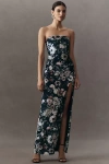 Bhldn Luella Strapless Side-slit Printed Stretch Velvet Maxi Dress In Blue
