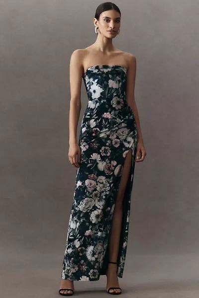Bhldn Luella Strapless Side-slit Stretch Velvet Maxi Dress In Blue