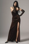 Bhldn Luella Strapless Side-slit Stretch Velvet Maxi Dress In Brown