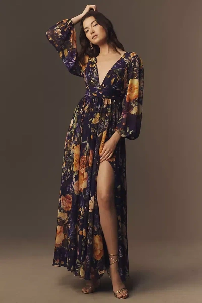 Bhldn Mae Long-sleeve V-neck Chiffon Maxi Dress In Purple