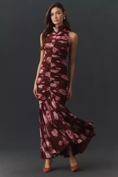 Bhldn Mesh Ruched Sleeveless Maxi Dress In Burgundy