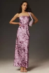 Bhldn Mia Strapless Side-slit Satin Column Maxi Dress In Purple