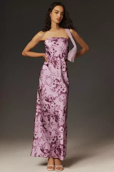 Bhldn Mia Strapless Side-slit Satin Column Maxi Dress In Purple