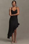 Bhldn Mila Asymmetrical Cheetah Satin Ruffle Jacquard Midi Dress In Black