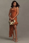 Bhldn Mila Asymmetrical Cheetah Satin Ruffle Jacquard Midi Dress In Brown