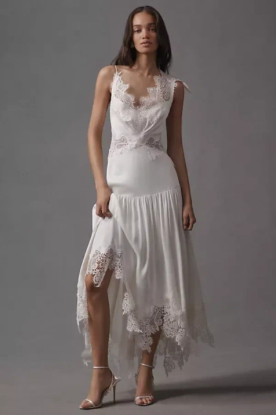 Bhldn Mixed Lace Drop-waist Midi Dress In White