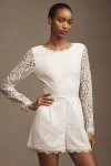 Bhldn Mock-neck Long-sleeve Bow-back Lace Romper In White