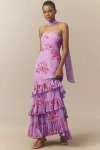 Bhldn Molly Strapless Scarf-neck Tiered Chiffon Maxi Dress In Purple
