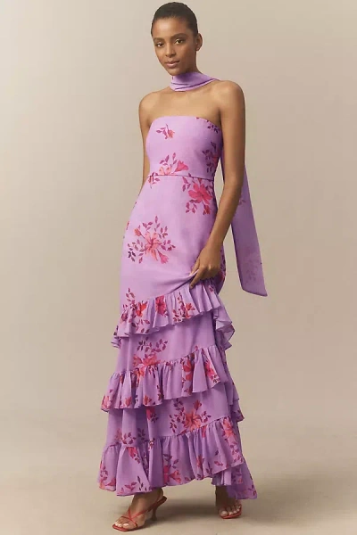 Bhldn Molly Strapless Scarf-neck Tiered Chiffon Maxi Dress In Purple