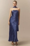 Bhldn Nesta Strapless Scarf Slip High-shine Satin Maxi Dress In Blue