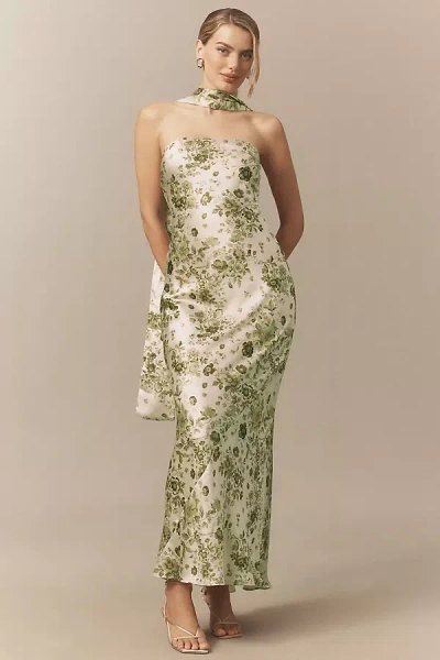 Bhldn Nesta Strapless Scarf Slip High-shine Satin Maxi Dress In Green