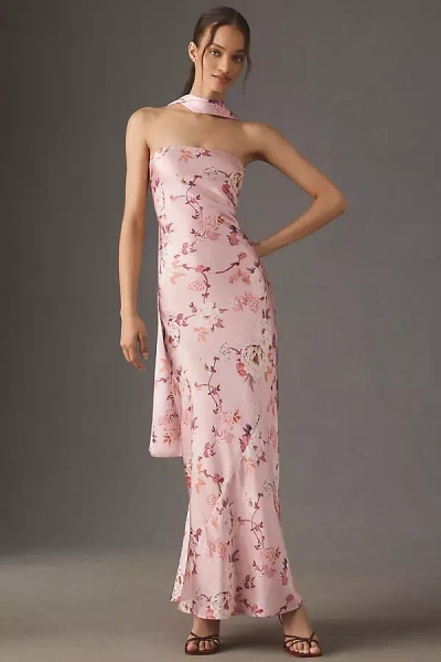 Bhldn Nesta Strapless Scarf Slip High-shine Satin Maxi Dress In Multi