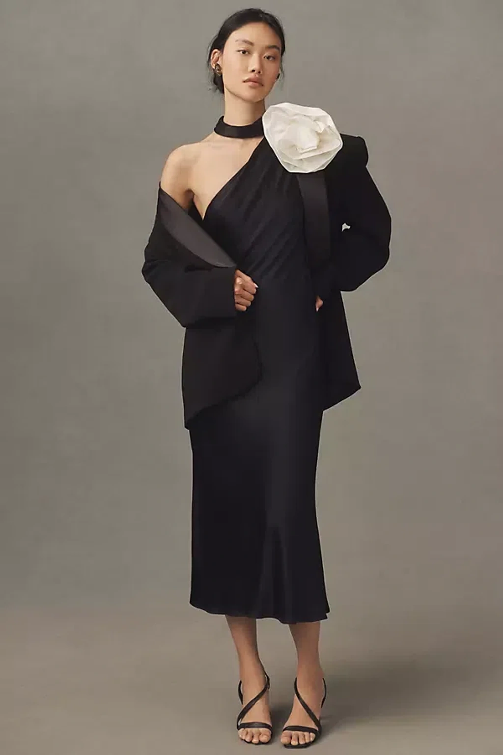 bhldn nicoletta one-shoulder tie-neck satin midi dress Bhldn Nicoletta One-shoulder Tie-neck Satin Midi Dress In Black
