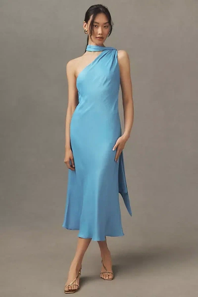 Bhldn Nicoletta One-shoulder Tie-neck Satin Midi Dress In Blue