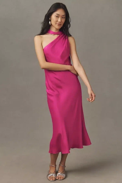 Bhldn Nicoletta One-shoulder Tie-neck Satin Midi Dress In Purple