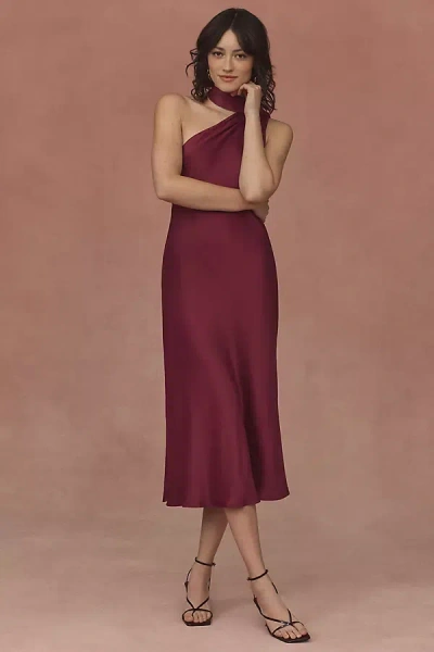 Bhldn Nicoletta One-shoulder Tie-neck Satin Midi Dress In Purple