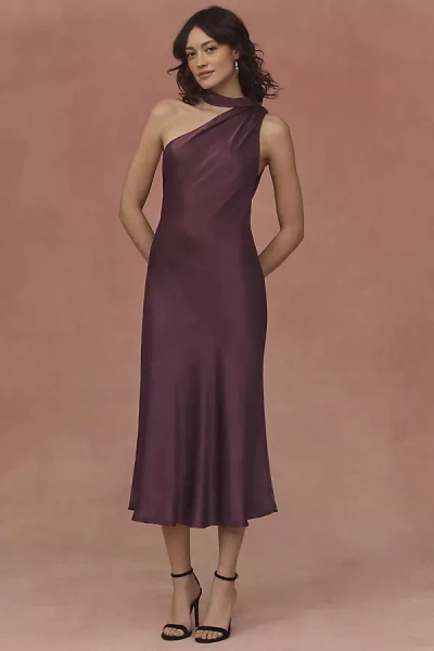 Bhldn Nicoletta One-shoulder Tie-neck Satin Midi Dress In Purple