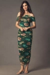 Bhldn Off-shoulder Gathered Mesh Slim Midi Dress In Green