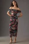 Bhldn Off-shoulder Gathered Mesh Slim Midi Dress In Multi