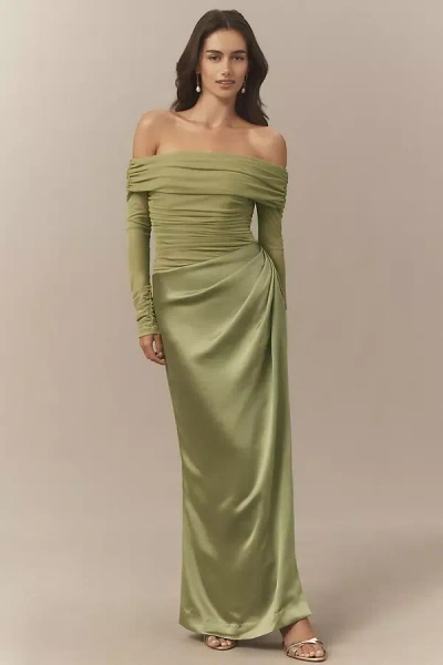 Bhldn Off-shoulder Long-sleeve Mesh Midi Dress In Green