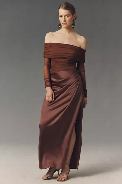 Bhldn Off-shoulder Long-sleeve Stretch Mesh Midi Dress In Neutral