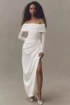 Bhldn Off-shoulder Mesh Satin Wrap Maxi Dress In White