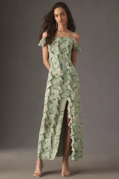 Bhldn Off-shoulder Ruffled Chiffon Maxi Dress In Gold