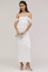 Bhldn Off-the-shoulder Lace-up Satin Column Midi Dress In White