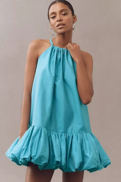Bhldn Phoebe High-neck Ruffle-hem Swing Mini Dress In Blue