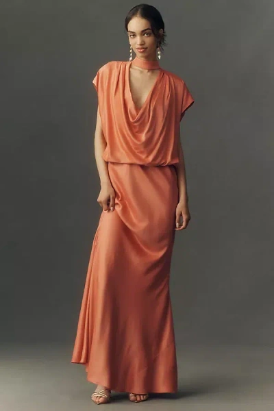 Bhldn Plunge Cowl-neck Satin Maxi Dress In Orange