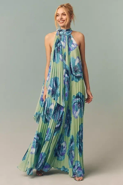 Bhldn Rosie Mock-neck Pleated Chiffon Maxi Dress In Green