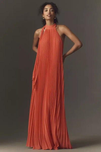 Bhldn Rosie Mock-neck Pleated Chiffon Maxi Dress In Orange