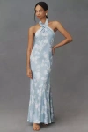 Bhldn Ruby Twist Halter Satin Gown In Blue