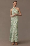 Bhldn Ruby Twist Halter Satin Gown In Green